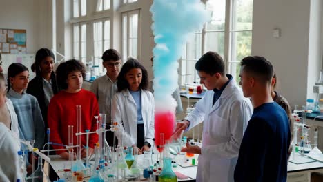 students observe a colorful chemical reaction in a science lab