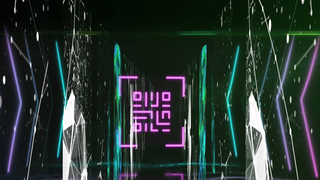 Animation of qr code in viewfinder and arrows, dots connected with lines against black background