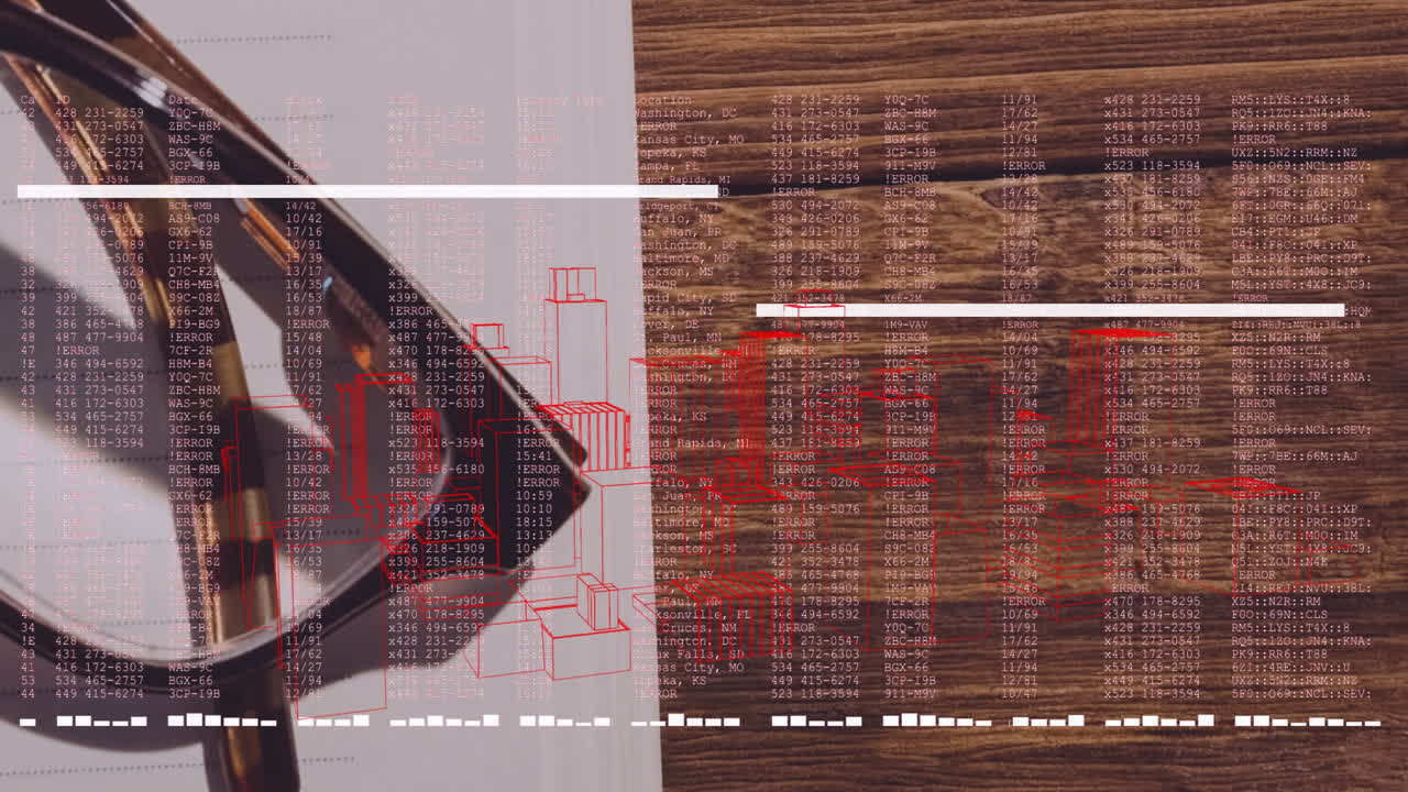 Magnifying glass focusing on red data and building schematics on wooden table