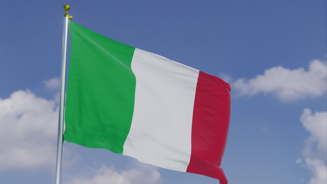 Flag Of Italy Moving In The Wind With A Clear Blue Sky In The Background, Clouds Slowly Moving, Flagpole, Slow Motion