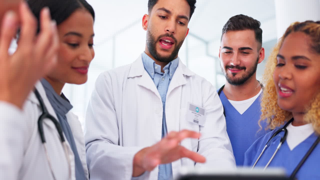 Healthcare, staff and tablet for online research