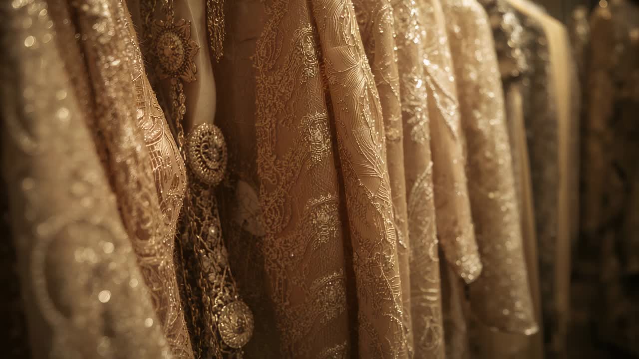 Camera panning centered row of ornate gowns on rail in atelier, showcasing sequins under spotlights