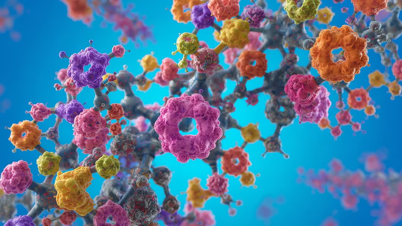 Rotating molecular assembly revealing backbone chains in blue backdrop with colorful ring subunits