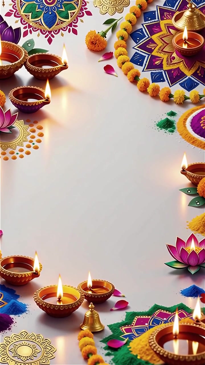 Sfondo Diwali con Diyas luminosi, Rangoli e fiori di loto