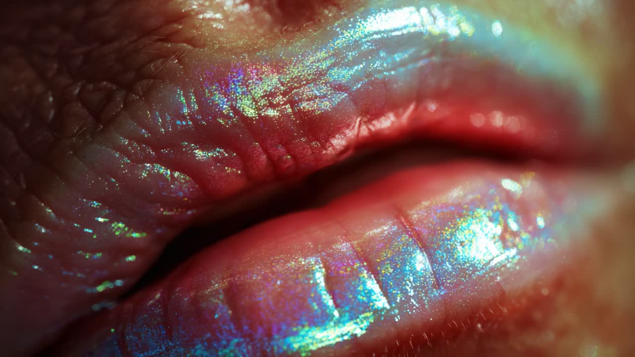 Close-Up of Iridescent Lips: A Stunning Display of Colorful Gloss with Shimmering Highlights, Revealing the Beauty and Texture of Their Surface in Captivating Detail