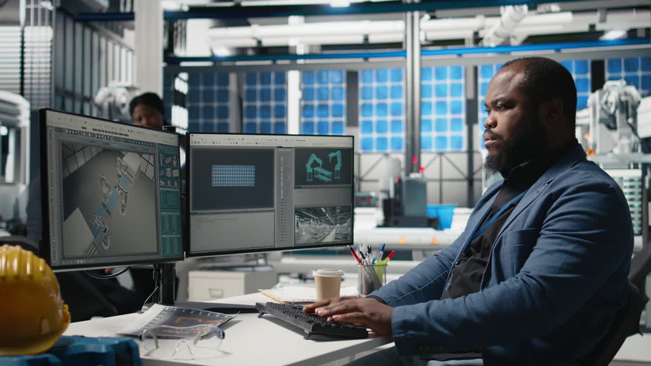 Engineer working on solar panel manufacturing in a factory
