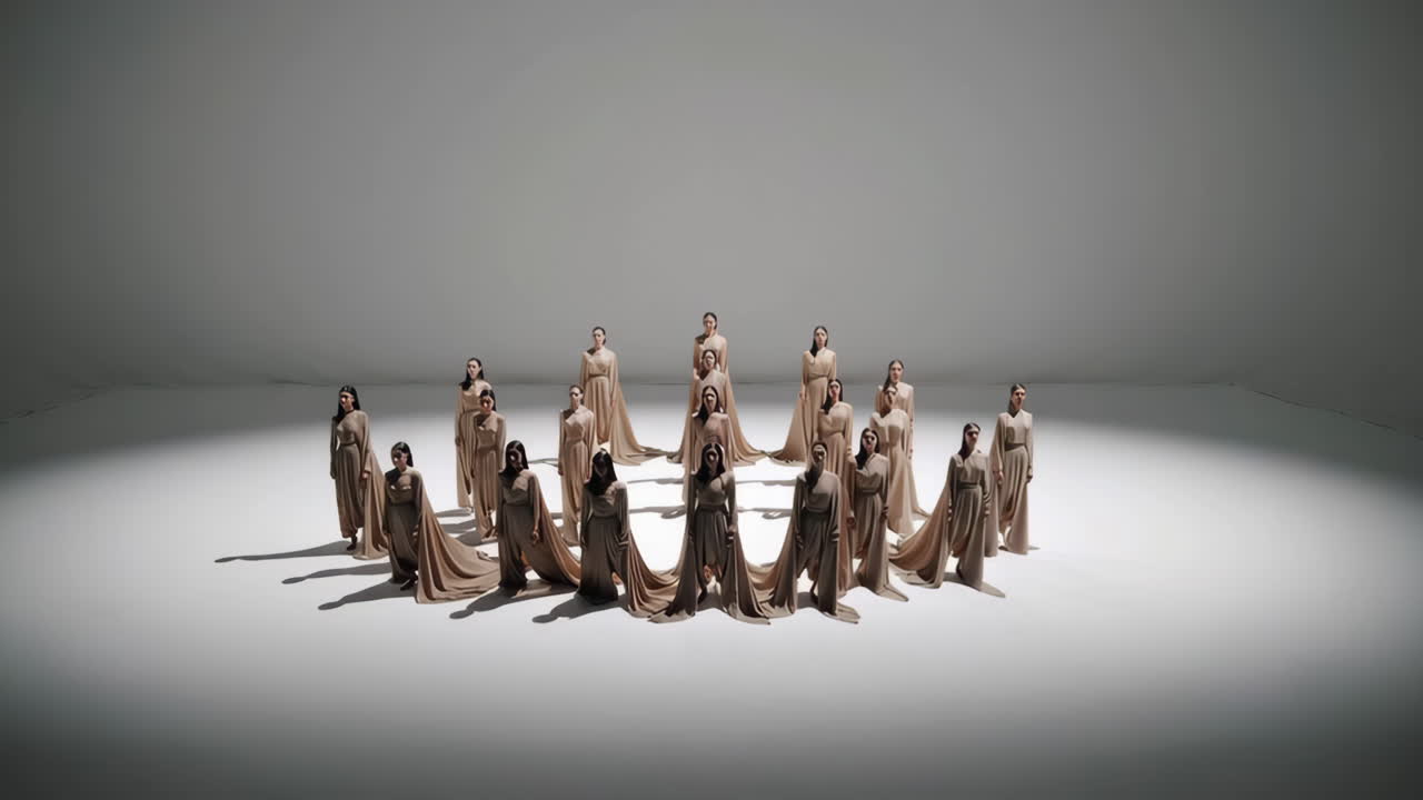 Group of Women in Beige Dresses Performing a Circle Dance