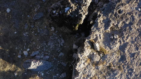 Hot-Steam-Rising-from-Rocky-Surface,-Hot-Creek-Geological-Site,-Inyo-National-Forest,-Aerial-Topdown