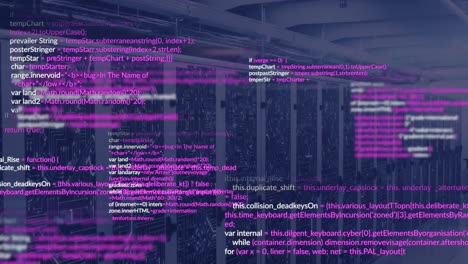 Animation-of-computer-language-and-circuit-board-pattern-over-data-server-racks-in-server-room