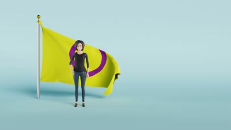 Animation-of-a-woman-standing-in-front-of-the-intersex-pride-flag-while-waving-her-hand,-with-a-blue-background