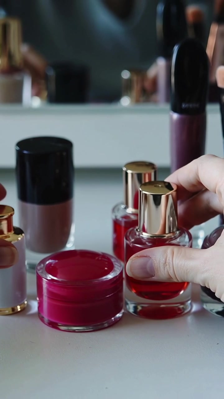 Vertical video: Entering hands tidying makeup at vanity, centering red bottle and lining pink balm