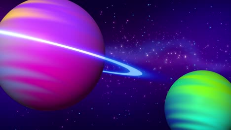 animación en bucle de planetas abstractos y cielo estrellado. planeta misterioso púrpura girando con anillo brillante alrededor en el espacio. cosmos, concepto de universo. esfera abstracta, vía láctea imágenes de stock