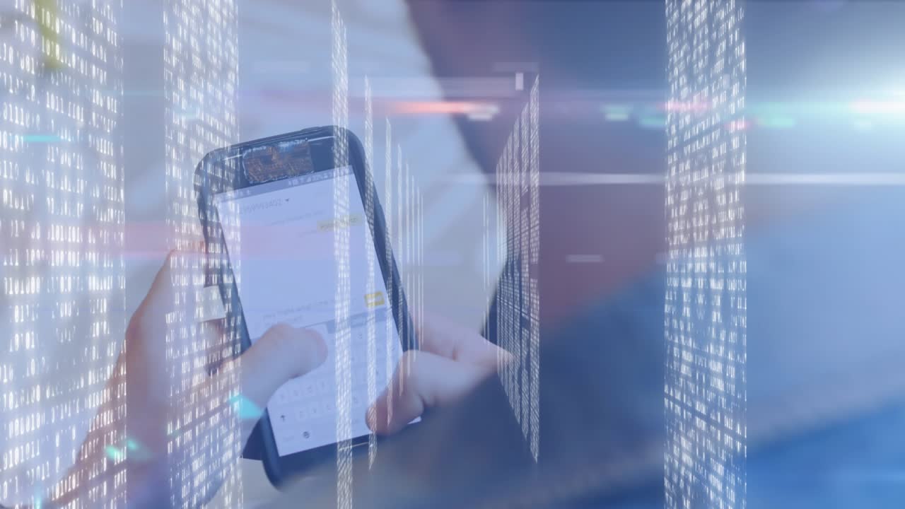 Man uses phone in cafe with lit hallway, alpha channel adds transparency