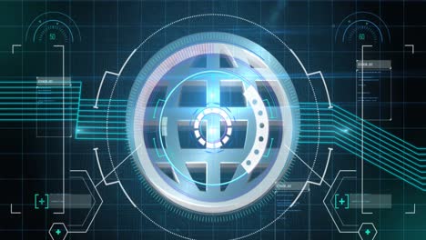 Animation-of-scope-scanning-with-globe-over-grid-on-green-background