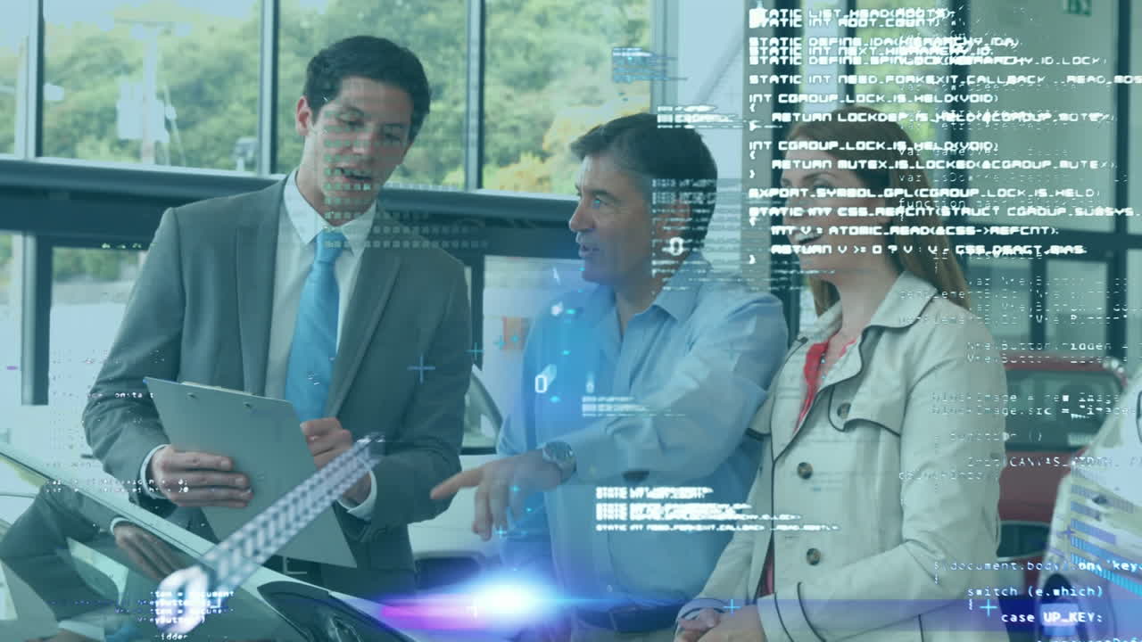 procesamiento de datos y números flotando hacia la cámara sobre un grupo de personas