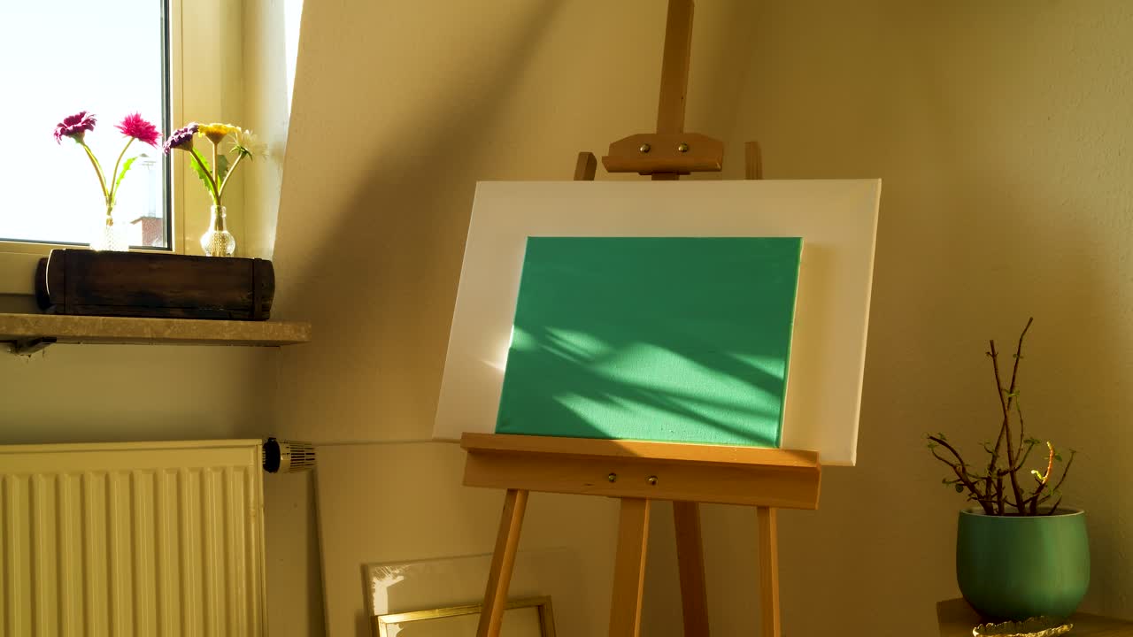 Wandering light and shadow moving across a teal canvas in a calm indoor setting
