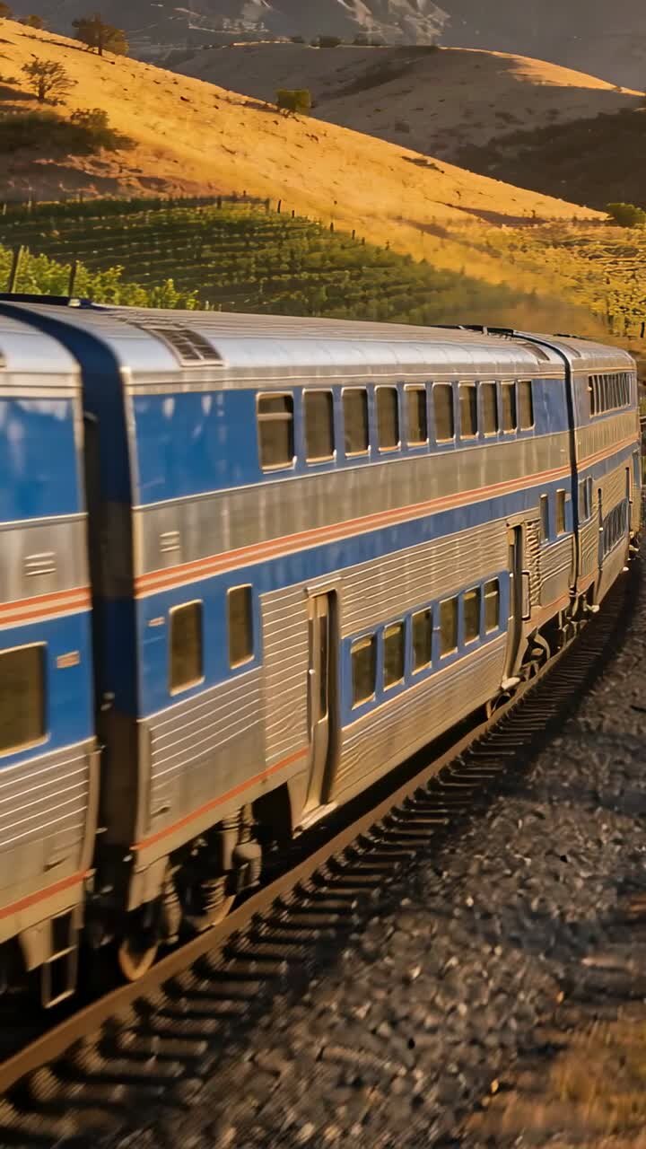Vertical video: Camera tracking bilevel train cars curving through rural vines, glinting sunlight