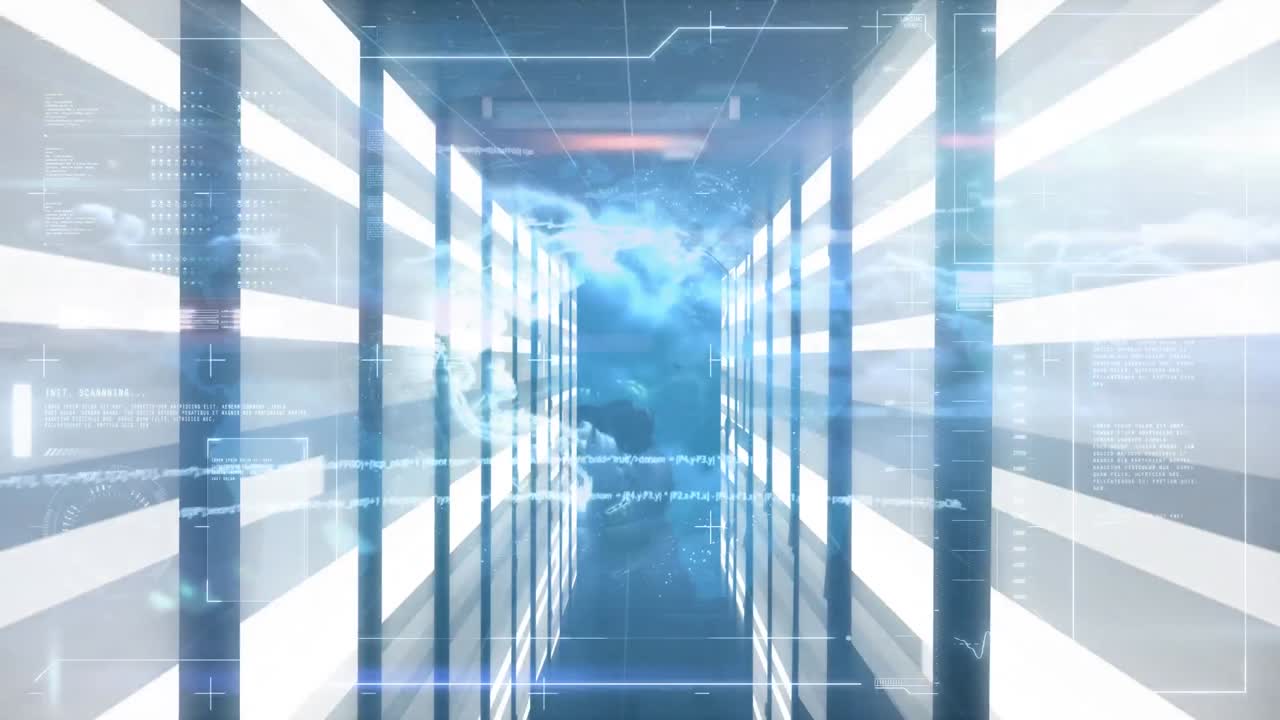 Animation of interface with information with glowing globe and server room