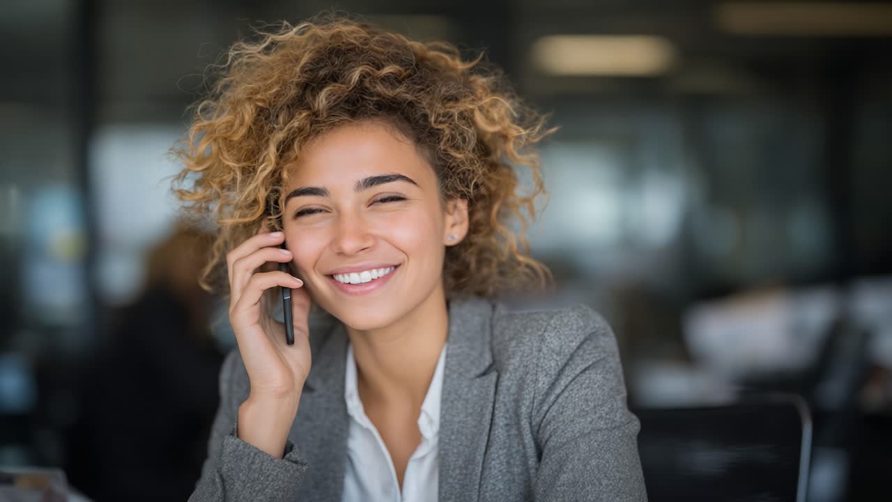 Una professionista sicura di sé e coinvolgente conversa allegramente al telefono, mettendo in mostra gli elementi essenziali della comunicazione moderna in un ambiente di lavoro dinamico