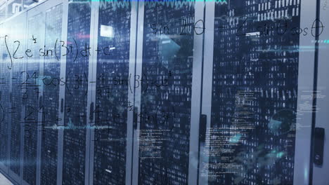 Animation of data processing and mathematical equations against binary coding over server room