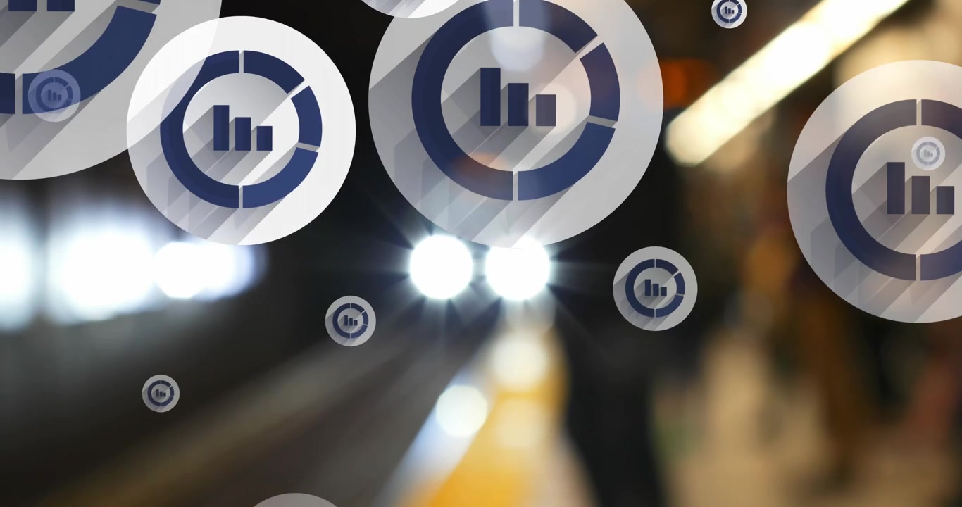 Animation of multiple bar graph icons floating against blurred view of train arriving at a station