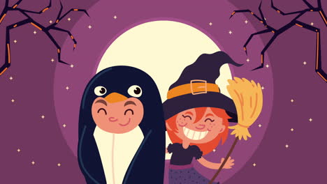 feliz animación de halloween con el pequeño pingüino por la noche