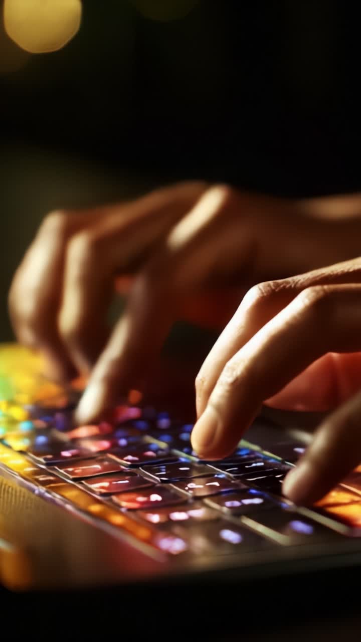 Fingers Dancing Across a Colorful Keyboard in a Dimly Lit Space, Showcasing Technology and Creativity in Perfect Harmony and Precision During Typing
