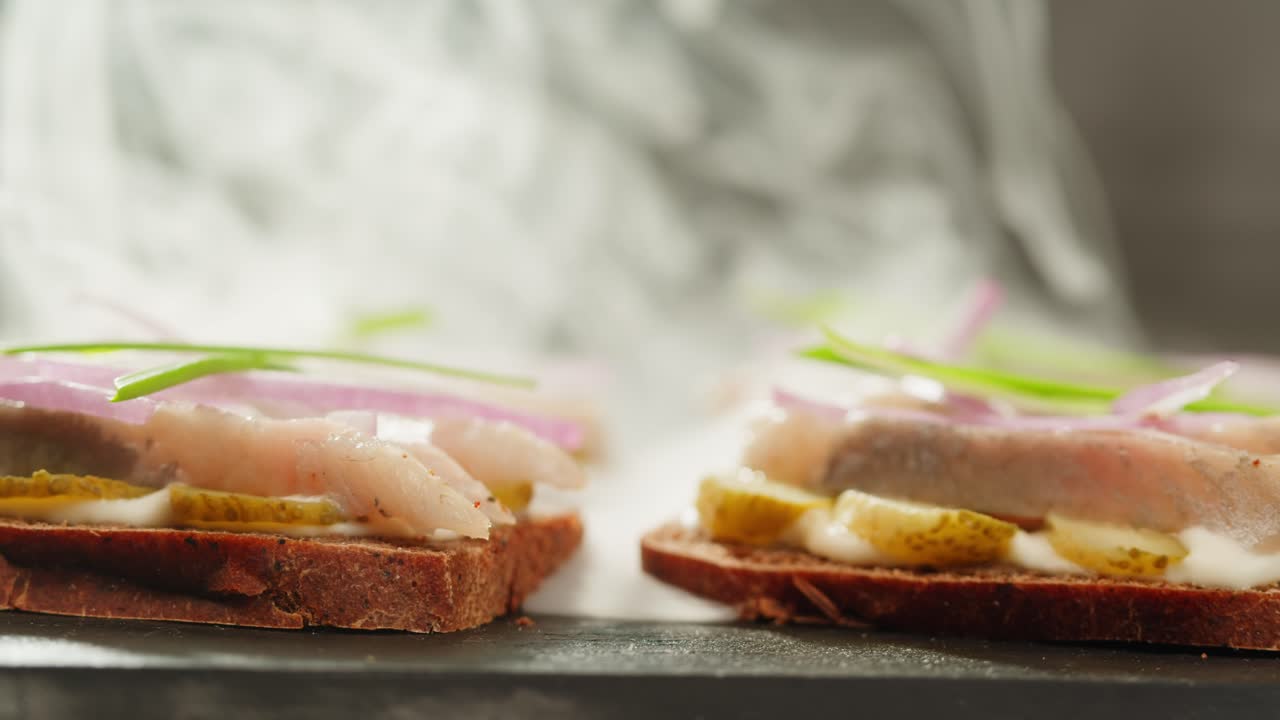 Smoked Fish Sandwiches with Dill Pickles and Onions