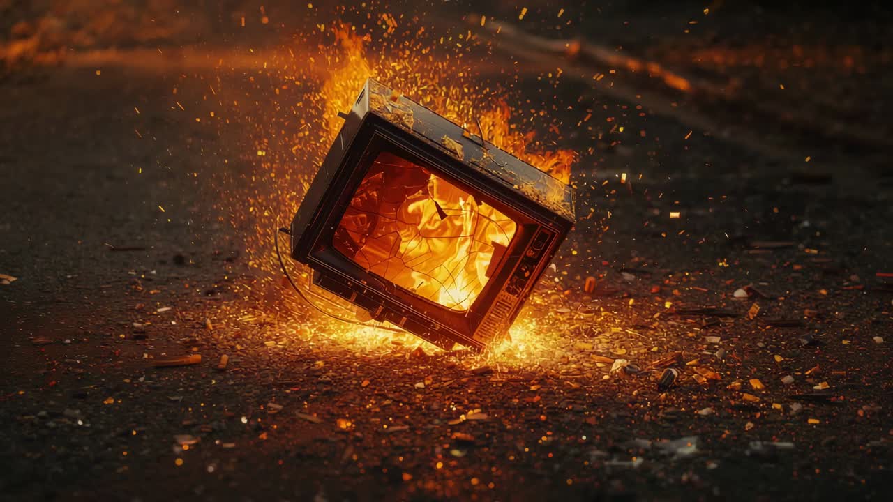 Brennender Röhrenfernseher sendet Funken mit angeschlossenem Kabel auf Asphalt in der Dämmerung, Glasbruch verstreuend