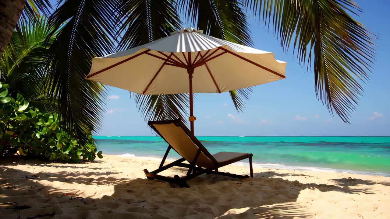 Tropical Beach Scene with Lounge Chair and Umbrella under Palm Trees