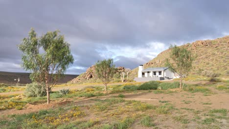 remota granja de huéspedes en el karoo con una casa blanca, árboles y colinas rocosas bajo un cielo nublado