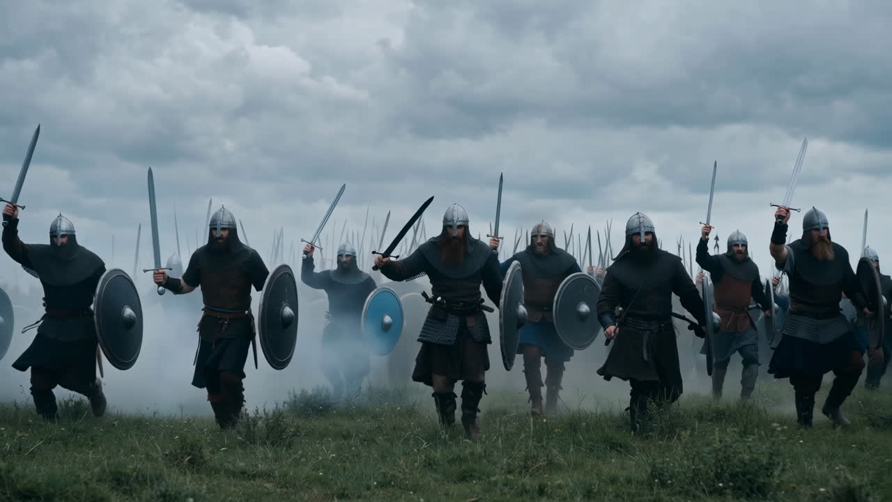 A group of Viking warriors charging into battle