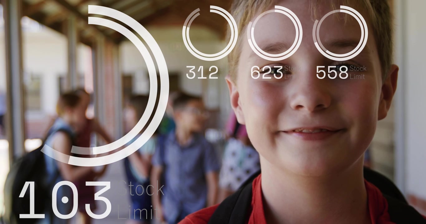 Boy holding pack in sun corridor on start HUD overlay gauges counter incrementing for school