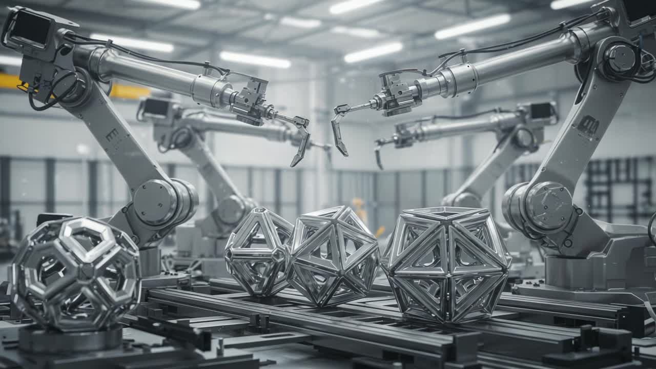 Advanced Robotic Arms Collaborating in a Modern Manufacturing Facility to Assemble Intricate Geometric Shapes with Precision and Efficiency