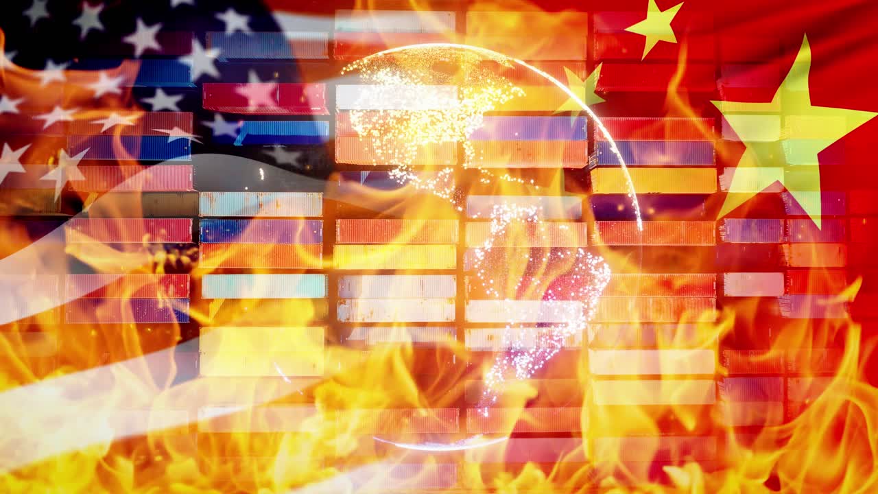 Burning earth, trade containers behind US-China flags, intense economic conflict