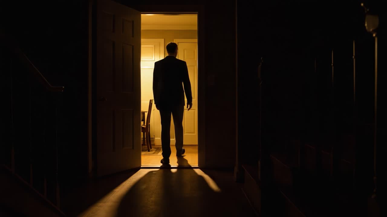 Una figura oscura si erge sulla soglia, retroilluminata da una luce calda, creando un netto contrasto con il corridoio buio, incarnando un senso di mistero e attesa
