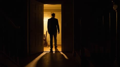 A shadowy figure stands at the threshold, backlit by warm light, creating a stark contrast against the dark hallway, embodying a sense of mystery and anticipation