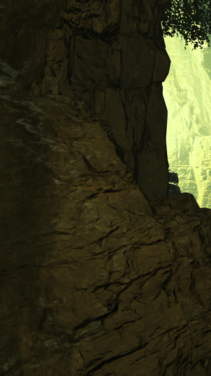 Rocky cliffs surround a narrow gap with green foliage nearby