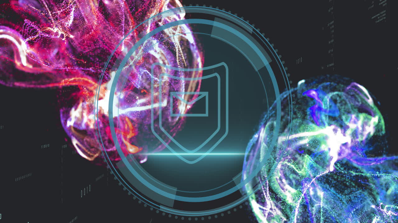 다채로운 추상적인 모양 위에 디지털 방패 및 데이터 처리 애니메이션