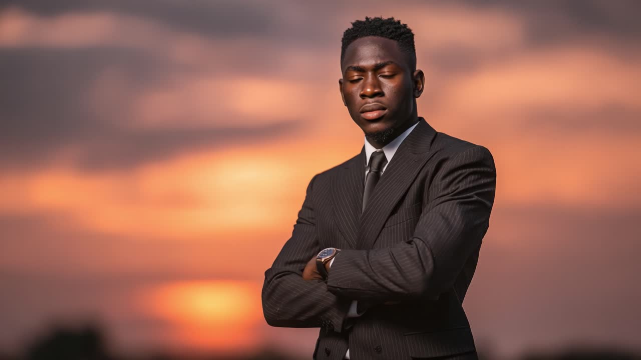A Stylish Individual in Formal Attire Poses Confidently Against a Vibrant Sunset Backdrop, Exuding Elegance and Determination in Every Aspect of Their Presence