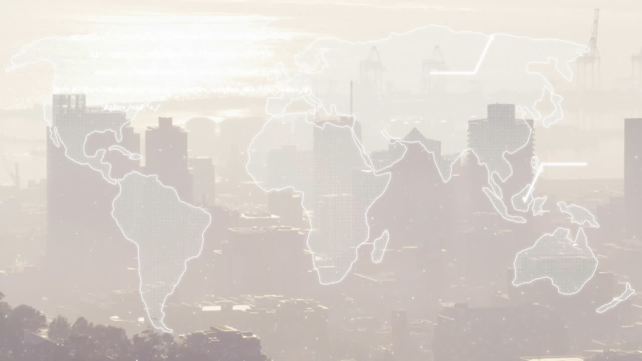 데이터 처리 및 심장 박동 모니터의 애니메이션 세계 지도에서 도시 풍경의 공중 전망에 대해