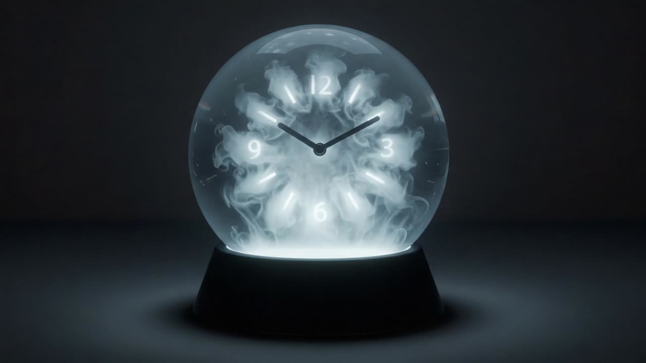 A Captivating Timepiece: The Transformation of an Enigmatic Clock Inside a Mystical Globe with Ethereal Smoke Effects and Unique Illuminated Design