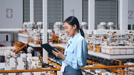 side view of asian business woman using tablet in the warehouse