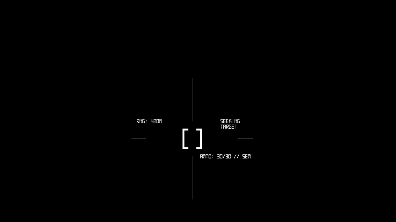 A minimalist tactical crosshair HUD displays target tracking data and ammo capacity counter over a black background. Ideal for first-person shooters, military tech, and sci-fi films.