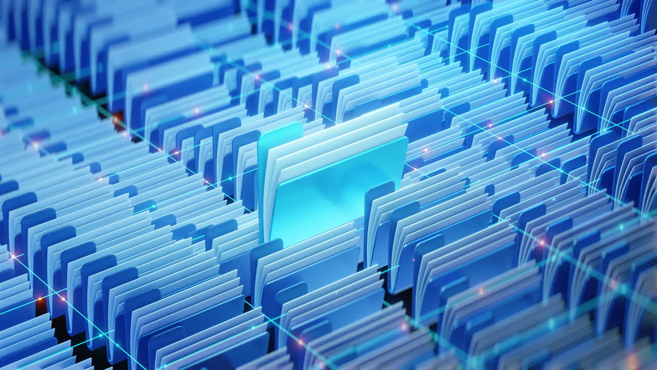 Glowing digital folders arranged in a virtual grid system represent modern document management, data organization, and cloud file storage