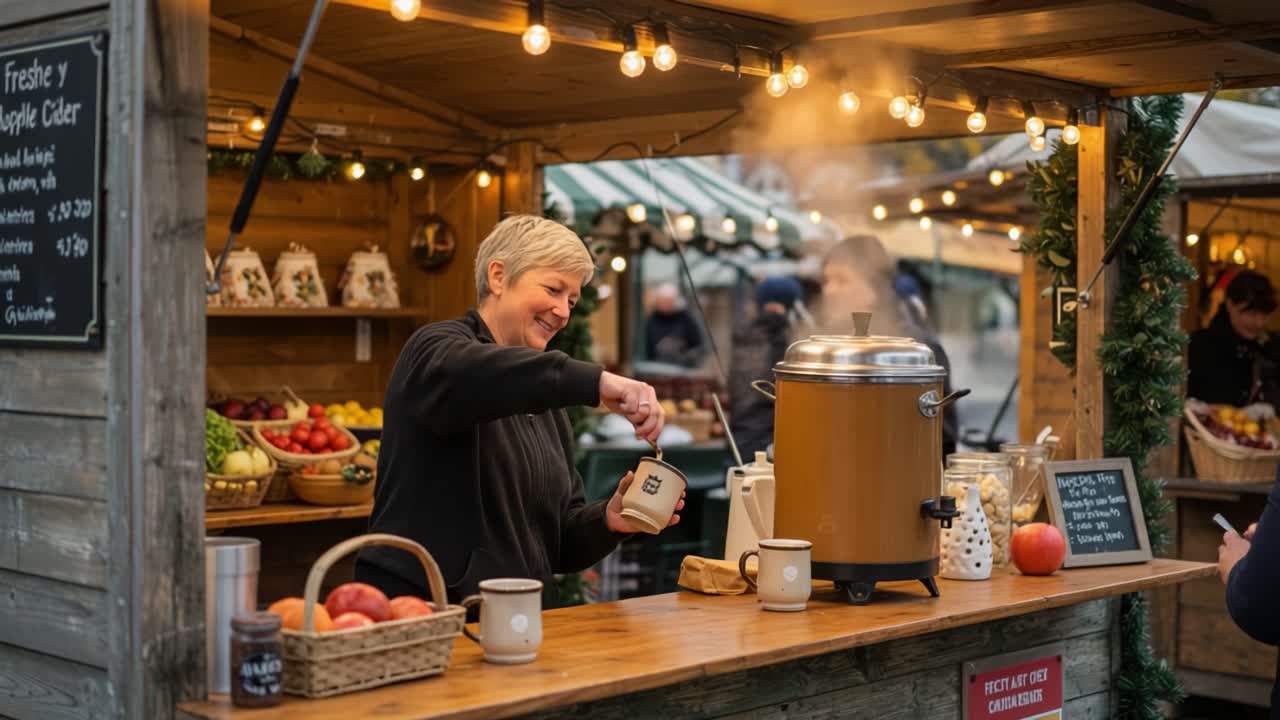 A Friendly Vendor Serving Warm Cider at a Festive Market Stall, Surrounded by Fresh Produce and Glowing String Lights Creating a Cozy Atmosphere