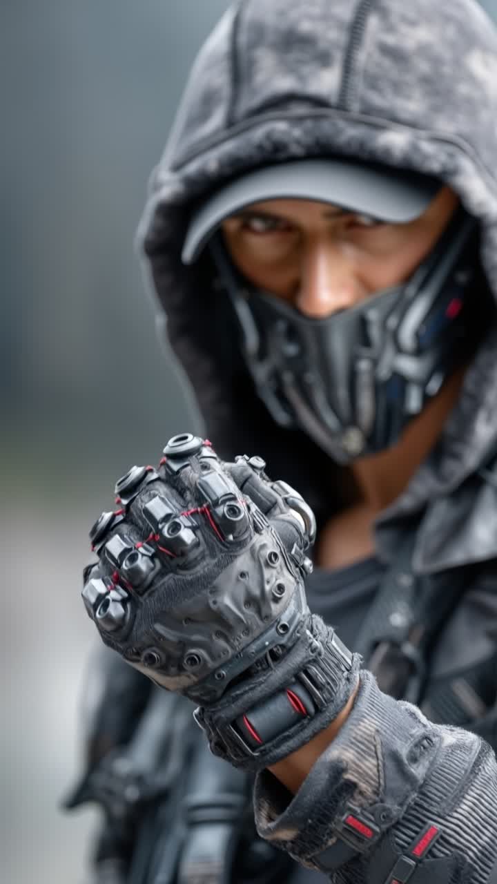 Futuristic soldier or cybernetic warrior wearing tactical mask and high tech robotic glove in studio