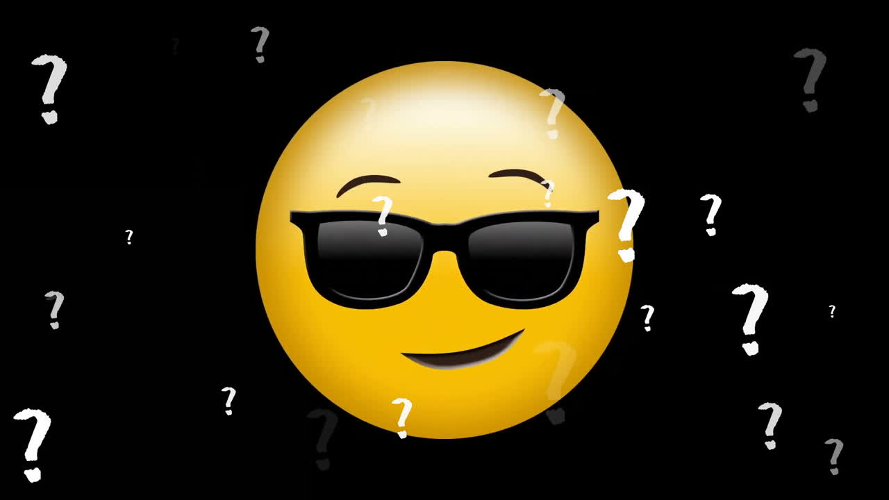 Animazione di icona emoji sorridente con occhiali da sole e punti interrogativi su sfondo nero