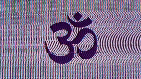 dark blue ohm or om symbol with flashing orange blue yellow static glitch noise