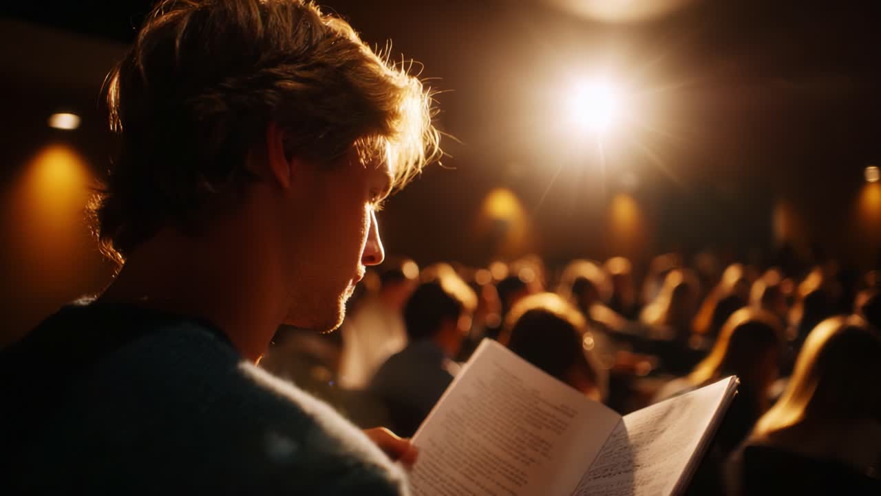 A Young Individual Engrossed in Reading While Surrounded by an Engaged Audience Illuminated by Dramatic Stage Lighting, Capturing the Essence of Connection and Focus in a Performance Setting